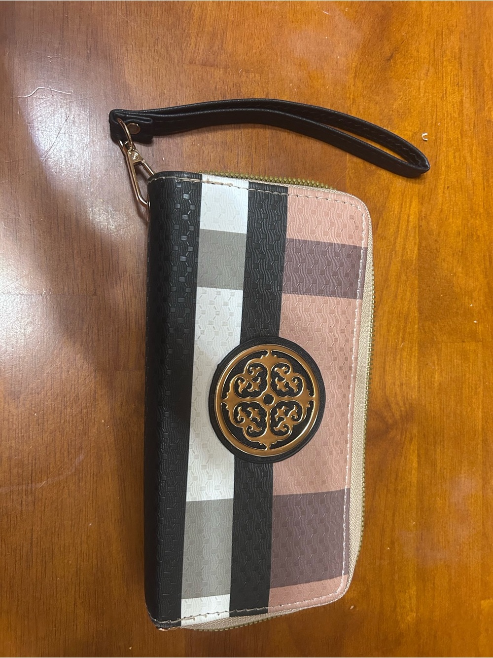 Striped Zip Wristlet Wallet - Pink, Black & Cream